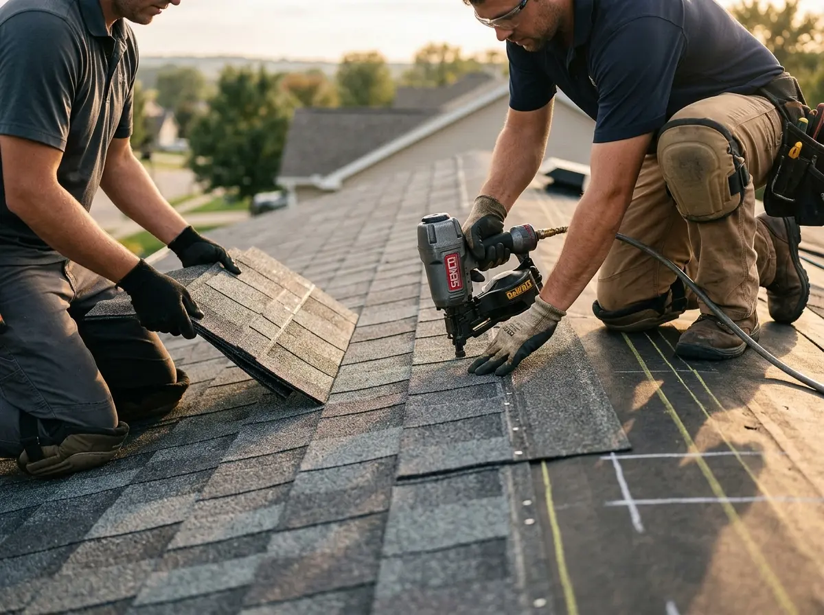 Professional roofer working on a residential roof in Venus